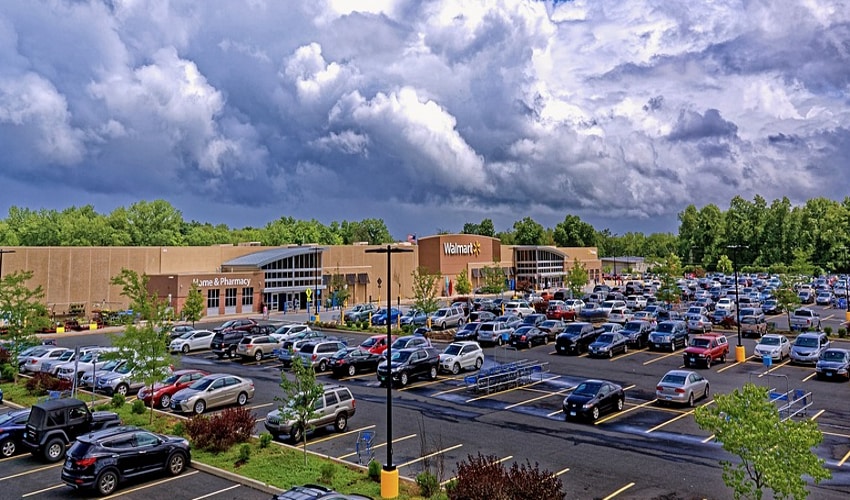 Walmart supercentre building and parking lot view
